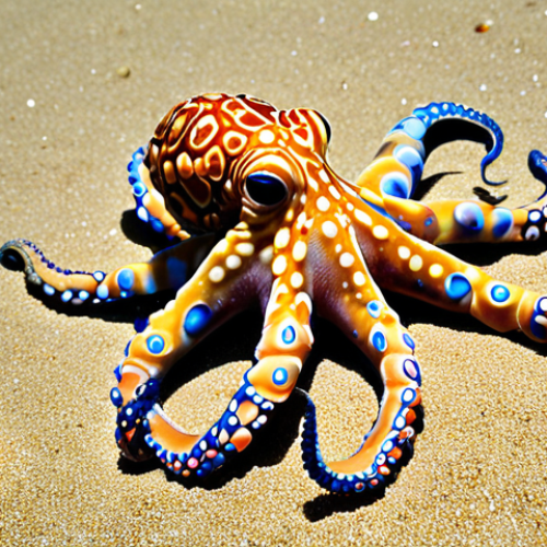 Home 11 A vibrant blue-ringed octopus on a Fijian beach, surrounded by colorful seashells. Emphasize the octopus's bright blue rings and the need for caution, photo-realistic.