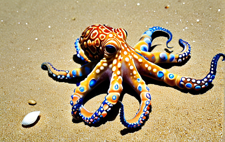 A vibrant blue-ringed octopus on a Fijian beach, surrounded by colorful seashells. Emphasize the octopus's bright blue rings and the need for caution, photo-realistic.
