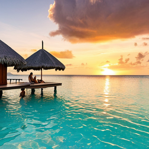 Home 6 A serene, private beach in Fiji with crystal-clear turquoise water, a luxurious overwater bungalow in the background, and a couple enjoying a quiet sunset cocktail. Focus on the exclusivity and tranquility.