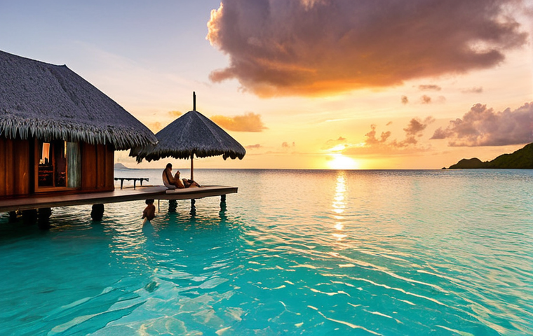 A serene, private beach in Fiji with crystal-clear turquoise water, a luxurious overwater bungalow in the background, and a couple enjoying a quiet sunset cocktail. Focus on the exclusivity and tranquility.