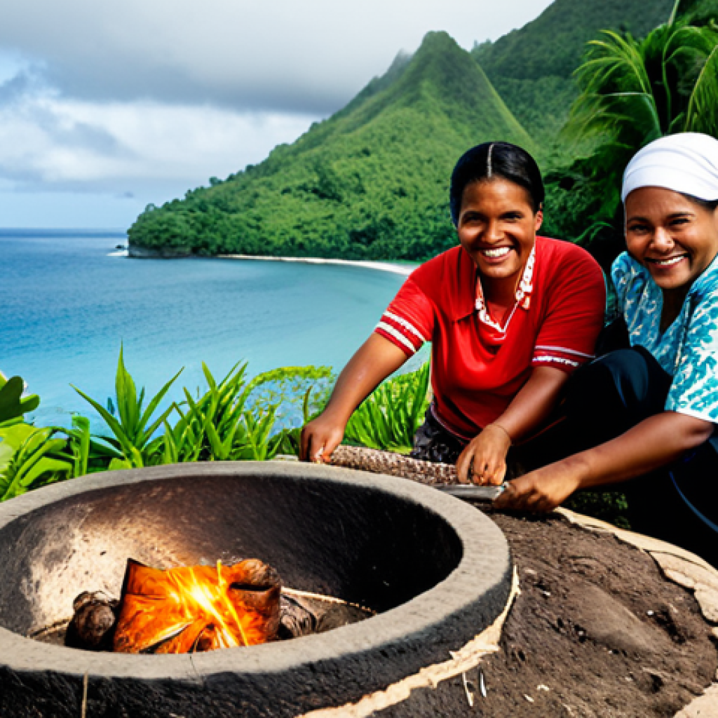 Fijian Culture & Cuisine**

A family-friendly scene at a traditional Fijian "lovo" feast, fully clothed individuals are smiling and preparing food in an earth oven, appropriate content, safe for work. In the background, lush tropical foliage and a glimpse of the ocean. Professional photography, perfect anatomy, natural proportions, modest attire, high quality.

**