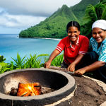 Fijian Culture & Cuisine**

A family-friendly scene at a traditional Fijian "lovo" feast, fully clothed individuals are smiling and preparing food in an earth oven, appropriate content, safe for work. In the background, lush tropical foliage and a glimpse of the ocean. Professional photography, perfect anatomy, natural proportions, modest attire, high quality.

**