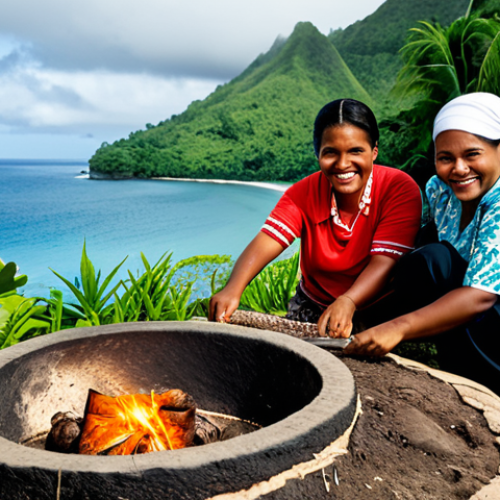 Home 14 Fijian Culture & Cuisine**
A family-friendly scene at a traditional Fijian "lovo" feast, fully clothed individuals are smiling and preparing food in an earth oven, appropriate content, safe for work. In the background, lush tropical foliage and a glimpse of the ocean. Professional photography, perfect anatomy, natural proportions, modest attire, high quality.
**