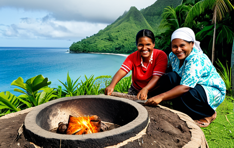 Fijian Culture & Cuisine**
A family-friendly scene at a traditional Fijian "lovo" feast, fully clothed individuals are smiling and preparing food in an earth oven, appropriate content, safe for work. In the background, lush tropical foliage and a glimpse of the ocean. Professional photography, perfect anatomy, natural proportions, modest attire, high quality.
**