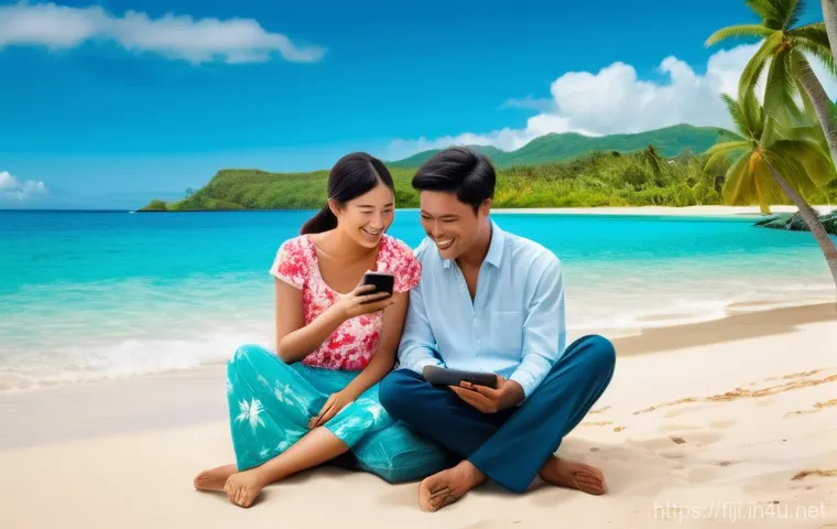 피지에서 한국인 커뮤니티 찾기 - **Prompt 1: Online Connection in Paradise**
A vibrant, sun-drenched scene in Fiji. A diverse gro...