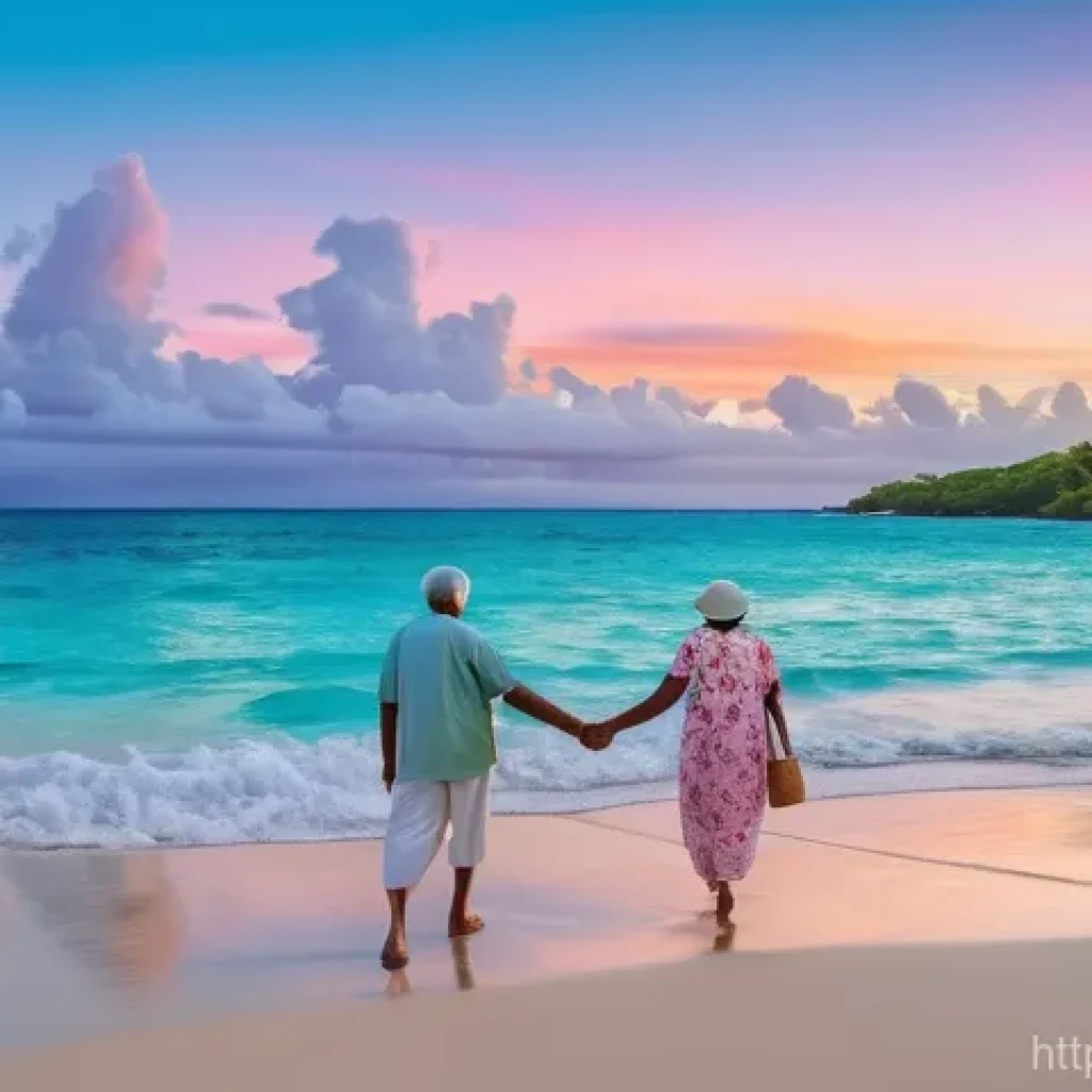 피지에서 은퇴 생활 - An elderly couple, elegantly dressed in lightweight, comfortable attire for warm weather, strolls ha...