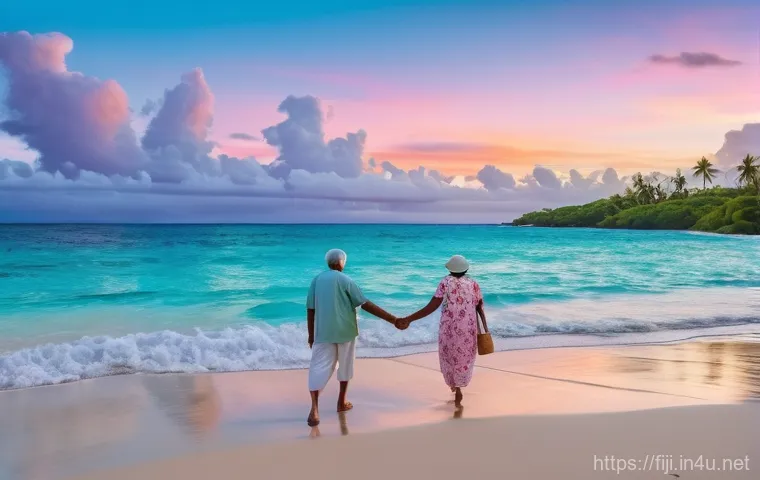 피지에서 은퇴 생활 - An elderly couple, elegantly dressed in lightweight, comfortable attire for warm weather, strolls ha...