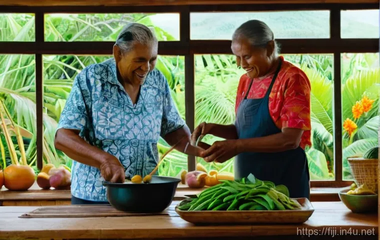 피지에서 은퇴 생활 - A vibrant scene of a diverse group of retirees, including some local Fijians and expatriates, enjoyi...