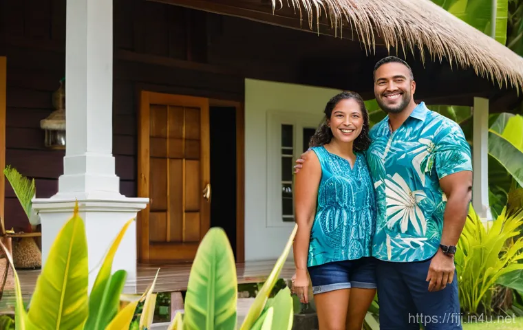 피지에서 월세 및 임대 시장 - **Prompt:** A cheerful young couple (caucasian, in their mid-30s, dressed in stylish yet casual trop...