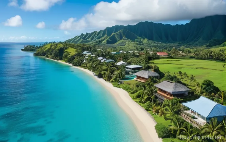 피지에서 월세 및 임대 시장 - **Prompt:** A cheerful young couple (caucasian, in their mid-30s, dressed in stylish yet casual trop...