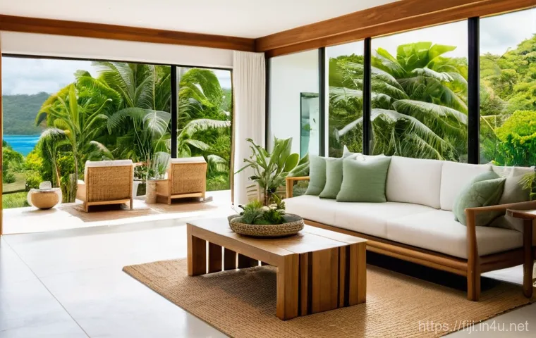 피지에서 월세 및 임대 시장 - **Prompt:** A dynamic aerial panoramic view of Fiji's coast, illustrating the interplay between a bu...